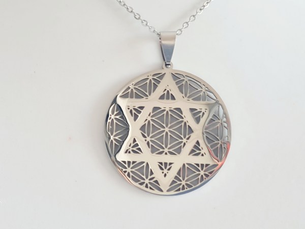 collier fleur de vie merkaba argentée acier inoxydable